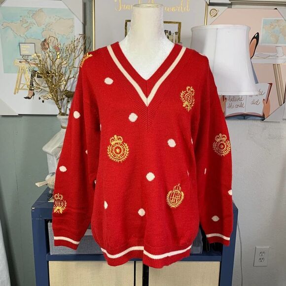 Vintage JH COLLECTIBLES red polka dot 100% wool sweater sz L - Picture 1 of 7